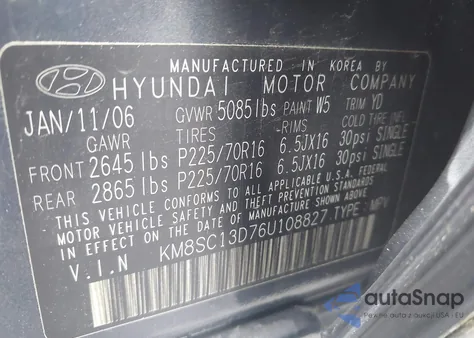 2006 Hyundai Santa Fe Gls/Limited from USA, damaged, VIN KM8SC13D76U108827
